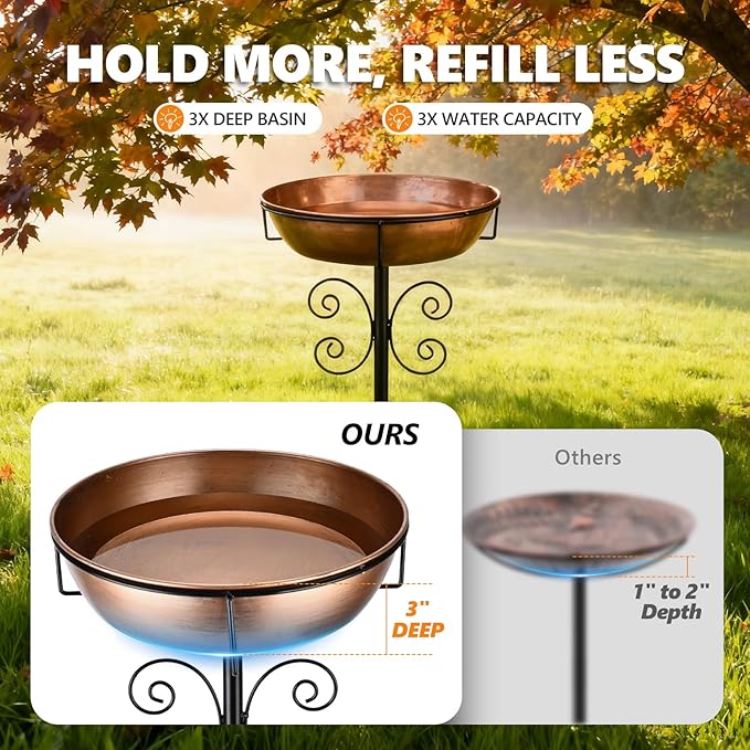 3" Deep 43" Tall Metal Bird Bath for Outdoors, 12" Dia Removable Bird Baths Water Bowl for Outside, Vintage Standing Birdbaths with Stable Stake for Garden Yard Lawn Decor 1.4 Gallon
