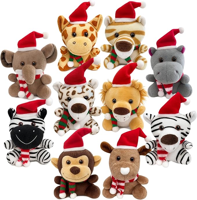 10pcs Stocking Stuffers for Kids - Small Stuffed Animals Bulk, 6.1 Inch Mini Cute Plush Toys, Christmas Tree Decorations, Treasure Box Toys for Classroom