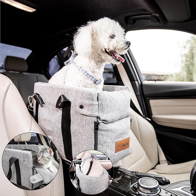 Center Console Dog Car Seat for Small Dogs and Puppies 5-13Lbs, Ideal Armrest Booster Car Travel Seat with Safety Protection Seat Belts, Storage Pockets - Reduces Anxiety (Woven - Grey)