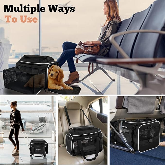 Airline Approved Top-Expanding Pet Carrier on Wheels- Extra Spacious Soft Lined Carrier! 18x11x11 (Black, Expanding Sides)