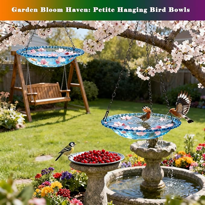 4 Pack Super Value Hanging Plastic Bird Baths and Feeders for Outdoors Bird Water Bowls and Seed Trays Set Attract Wild Birds Garden Yard Decor Gift (Blue Pink Gray Purple)