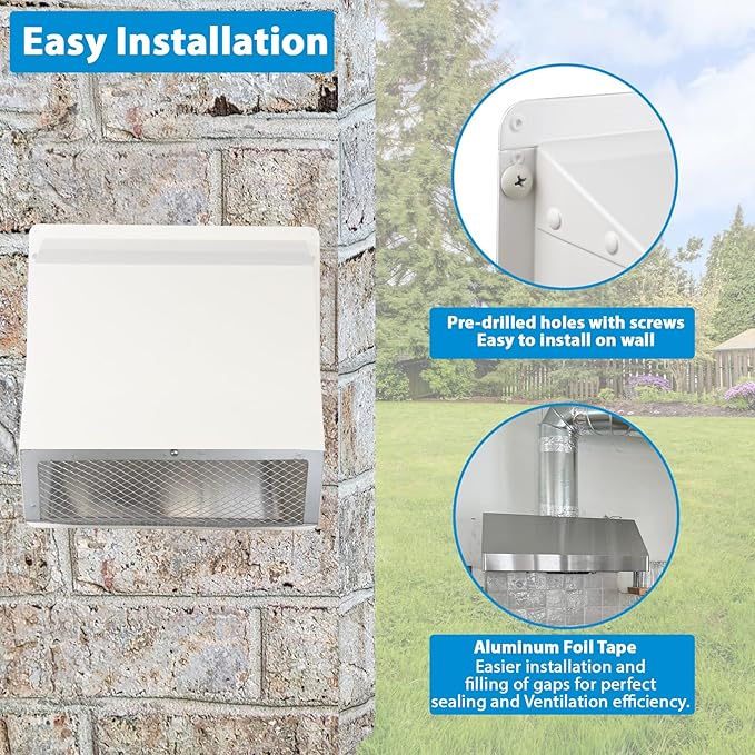 10" Hooded Wall Vent with Screen and Damper,Outdoor Wall Mount Exhaust Vent Cover Cap Dry Vent Hood Air Ventilation for Kitchen Range Hood HVAC Duct House and Industrial Facilities, White