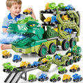 10 in 1 Dinosaur Truck Toys for Kids Aged 3-5 4-8 with Foldable Race Track, Carrier Truck with 9 Dinosaur Toy Cars for Boys, Spraying, Light and Sound, Birthday Gifts for Girls Toddlers 5-7