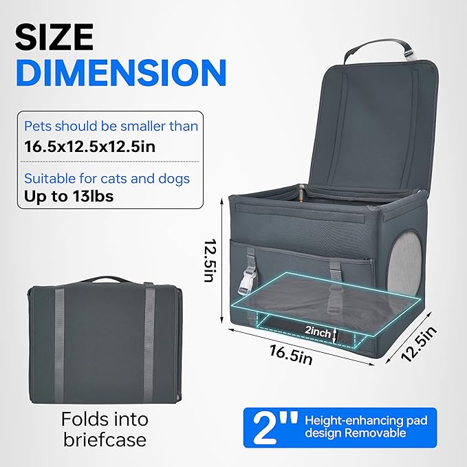 Dog Booster Car Seat with Washable Removable Cover for Small Dogs up to 13 lbs,Fits Car Truck SUV.(Dark Grey)