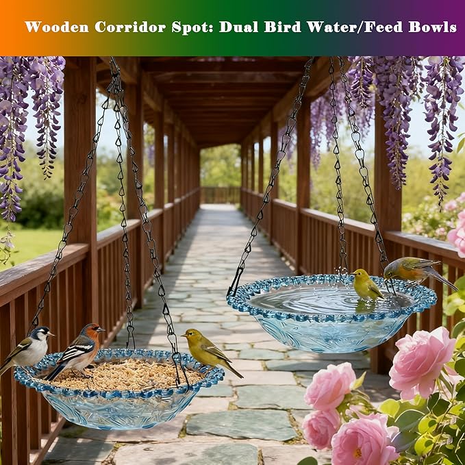 4 Pack Super Value Hanging Plastic Bird Baths and Feeders for Outdoors Bird Water Bowls and Seed Trays Set Attract Wild Birds Garden Yard Decor Gift (Blue Pink Gray Purple)