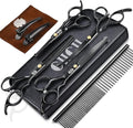 CIICII Dog Grooming Scissors Kit, 10-In-1 Professional Pet Grooming Scissors Set with Safety Round Tip (Dogs/Cat Hair Cutting Trimming Thinning Shears with Curved Scissors) for DIY Home Salon (Black)