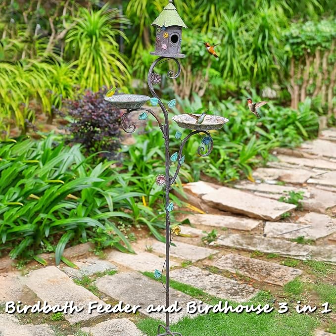 71" H Bird Baths for Outdoors, Bird Baths and Bird Houses with Pole, Metal Bird House Stake, Standing Bird Feeder and Bath Combo, Tall Birdbath with 4-Prong Stake for Outside Garden Decor