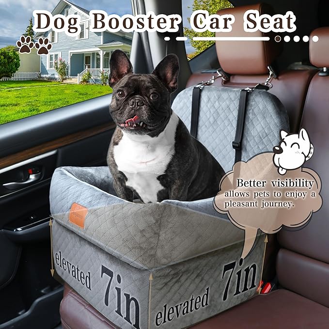 H-Grey Dog Booster Seat with 7 Inch Interior Height, Elevated Pet Seat for Small/Medium Dogs, Portable, Washable Cover, Easy to Use