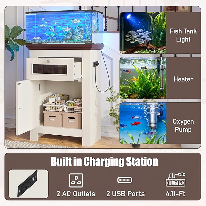 10-15 Gallon Fish Tank Stand with Power Outlet, Heavy Duty Farmhouse Aquarium Stand with Storage Cabinets & Drawer for Reptile Tank