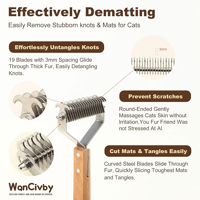 Undercoat Rake for Dogs Brush for cat shedding tool Grooming Comb19Blade Dematting Tool Pet Brush Dual Side Large Medium Small Dogs and Cats Shedding Brush, Premium Wood Handle