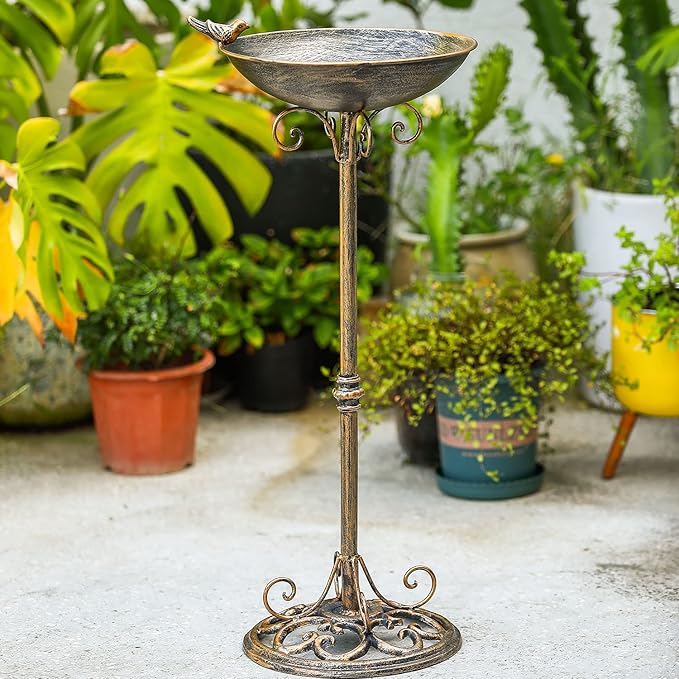 Diam 11.4" W*27.6" H Cast Iron Pedestal Bird Bath, Bird Baths for Outdoors, Seed Tray Garden Yard Decoration