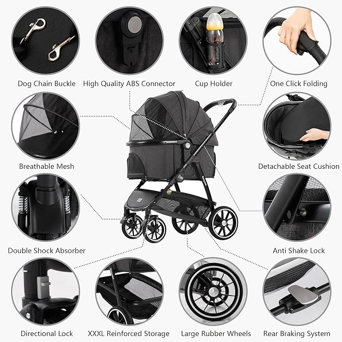 Kenyone Pet Stroller 3 in 1 Dog Stroller for Medium Small Size Dogs, Large Cat Stroller with Detachable Carrier for Puppies, Doggies, Kitties, Bunnies (C510 Black)