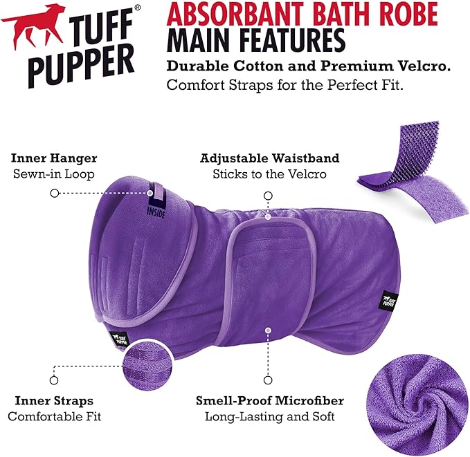 Tuff Pupper Fast Drying Dog Bath Robe | 800 GSM Plush Dog Towel Bathrobe/Dressing Gown | Super Absorbent Pet/Puppy Bathrobe | Adjustable Hood & Belly Strap | Super Soft | Fast Drying (L, Purple)