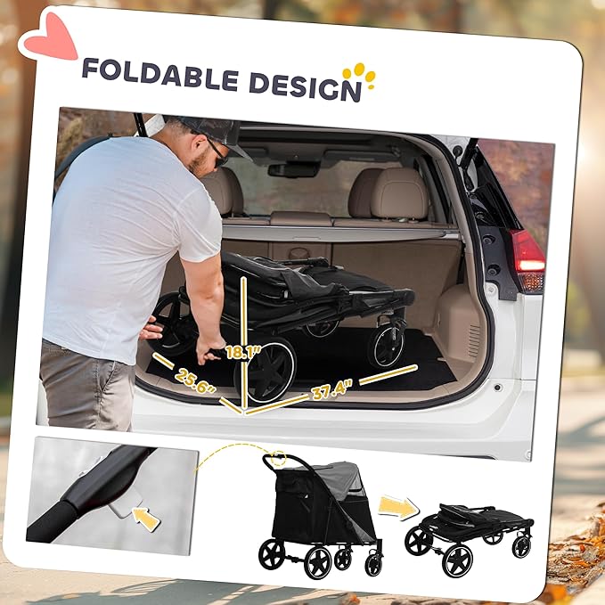 PawHut Dog Stroller for Large Medium Small Dogs up to 66 Lbs. 23.5" in Body Length, One-Click Foldable Pet Cat Stroller with Storage, Shock Absorption Wheels, Mesh Window, Safety Leash, Gray