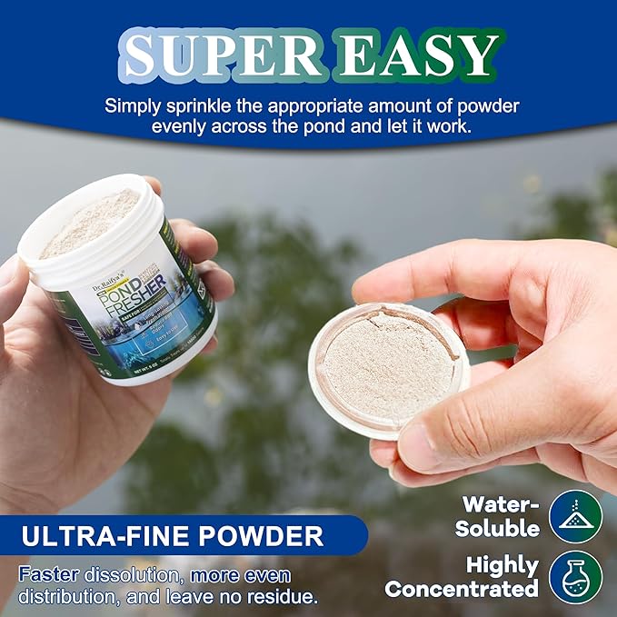 Dr. Raifya's Pond Fresher - 5 OZ - Natural Water Clear & Odor Control in Koi Pond, Bird Baths & Fountains, Beneficial Bacteria & Enzymes Safe for Fish, Pets, Wildlife & Plants, Easy to Use