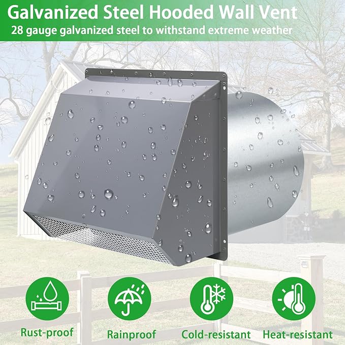 10 Inch Hooded Wall Vent Exhaust with Screen and Damper,Outdoor Wall Exhaust Vent Cover Cap for Kitchen Range Hood Outside Exterior Dryer Ventilation,Galvanized Steel,Gray