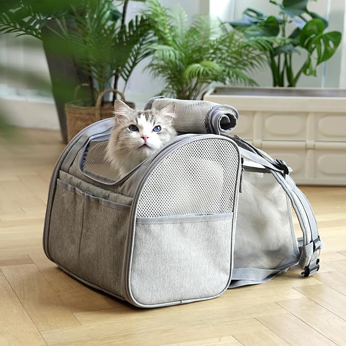 FUKUMARU Cat Backpack, Expandable Backpack for Small Dog with 4 Storage Pockets, Under 10 Lbs Soft Sided Dog Backpack Carrier for Travel Hiking Camping Outdoor, Grey