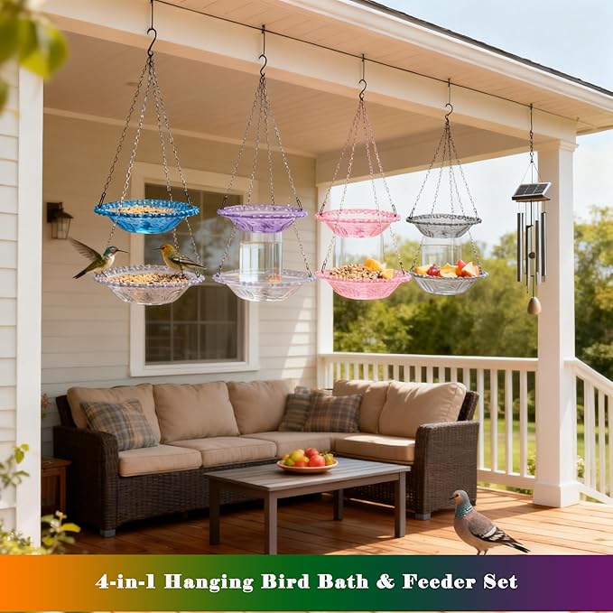 4 Pack Super Value Hanging Plastic Bird Baths and Feeders for Outdoors Bird Water Bowls and Seed Trays Set Attract Wild Birds Garden Yard Decor Gift (Blue Pink Gray Purple)