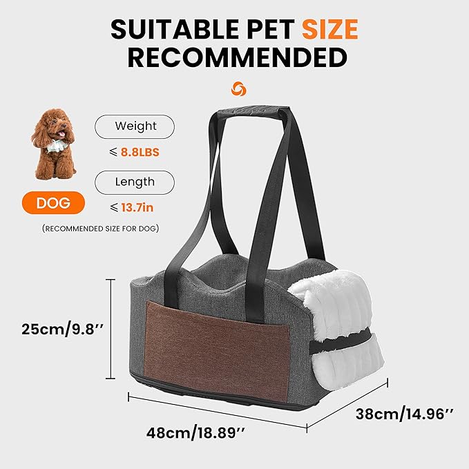 Center Console Dog Car Seat for Small Dogs with Bunny Fleece, Anti-Slip Booster Car Seat with Collar Hook, Triple Protection, Portable Washable, for Pets Up to 13.5lbs (Grey-Black)