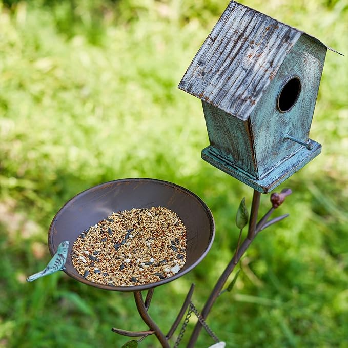 Bird Baths and BirdHouses with Pole, Distressed Metal Bird Bath Bowl and Birdhouse Stake for Outdoor Garden Yard Decoration (Bird Baths/BirdHouses-D)