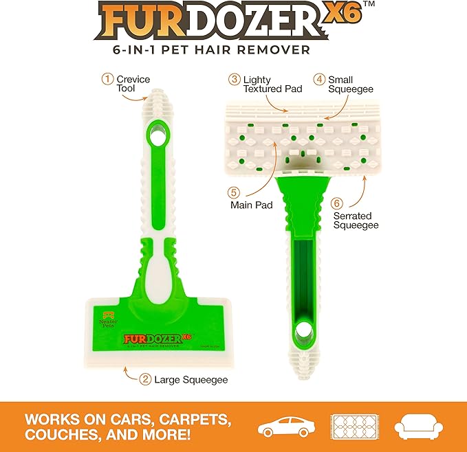 FurDozer Pet Hair Remover & Auto Detailing Tools - Cat & Dog Hair Remover for Carpets, Car Interiors, Couches, Bedding, & Pet Furniture (Green, (2 Pack) - X6)