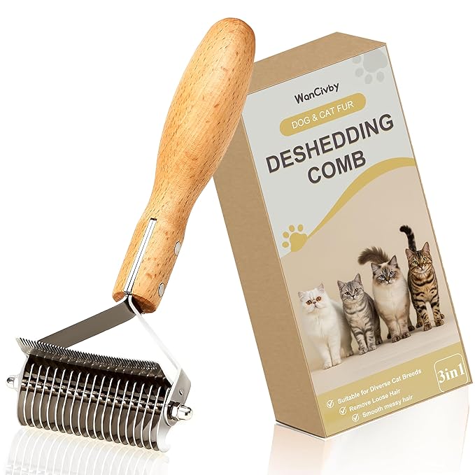 Undercoat Rake Dog Brush Dematting Comb cat shedding tool Dematting Tool Pet Brush Efficiently Detangle and Groom Coats for Large Medium Small Dogs and Cats Comb for Grooming Premium Wood Handle