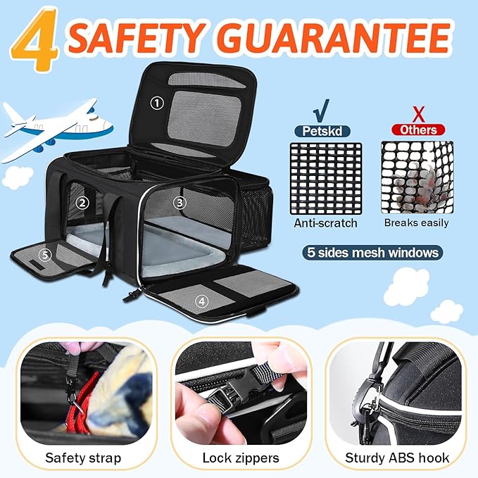 Petskd Top and Side Expandable Pet Carrier 17x12x8.5 Inches JetBlue Frontier Spirit Airline Approved, Soft-Sided Carrier for Small Cats and Dogs with Locking Safety Zipper and Anti-Scratch Mesh(Black)