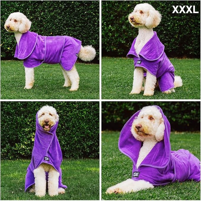 Tuff Pupper Fast Drying Dog Bath Robe | 800 GSM Plush Dog Towel Bathrobe/Dressing Gown | Super Absorbent Pet/Puppy Bathrobe | Adjustable Hood & Belly Strap | Super Soft | Fast Drying (XXXL, Purple)