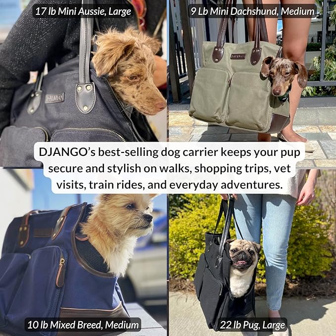 DJANGO Waxed Canvas & Leather Dog Carrier Tote Bag – Premium Soft-Sided Travel Dog Purse with Safety Leash, WR Lining, & Large Zipper Pockets – Everyday Pet Carrier for Small Dogs (Navy Blue, Medium)