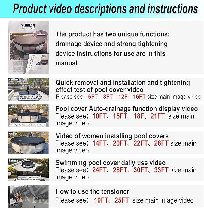 12 Ft Pool Cover, with Automatic Drain Round Pool Cover, One-Piece Quick Installation and Removal Above Ground Pool Cover, Preventing Waterlogging, UV Protected Solar Swimming Pool Cover