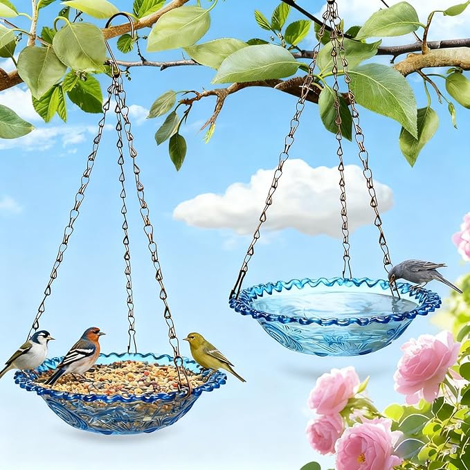 2 Pack Super Value Hanging Plastic Bird Baths and Feeders for Outdoors Bird Water Bowls and Seed Trays Set Attract Wild Birds Garden Yard Decor Gift (Blue)