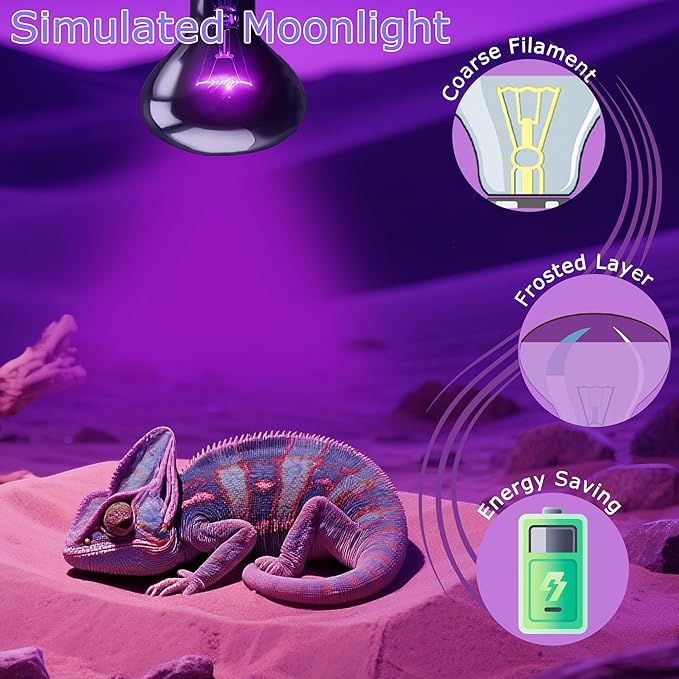 100W Reptile Night Light Bulb, UVA Heat Lamp – Simulated Natural Moonlight Purple Basking Bulb for Bearded Dragon, Lizard, Snake, Turtle, Chameleon, Amphibians, Aquarium & Terrarium Use