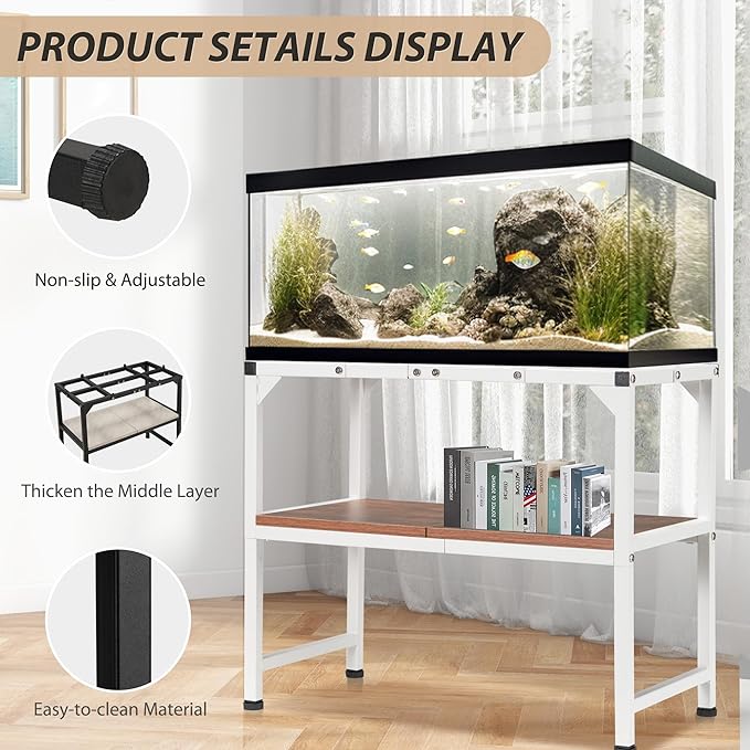 10-20 Gallon Fish Tank Stand, Metal Aquarium Stand with Adjustable Non-Slip Foot and Wooden Shelf, Reptile Tank Stand Easy to Assemble for Home Office, Firm and Steady(Tank not Included)