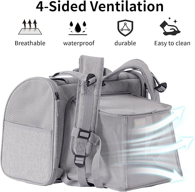 FUKUMARU Cat Backpack, Expandable Backpack for Small Dog with 4 Storage Pockets, Under 10 Lbs Soft Sided Dog Backpack Carrier for Travel Hiking Camping Outdoor, Grey