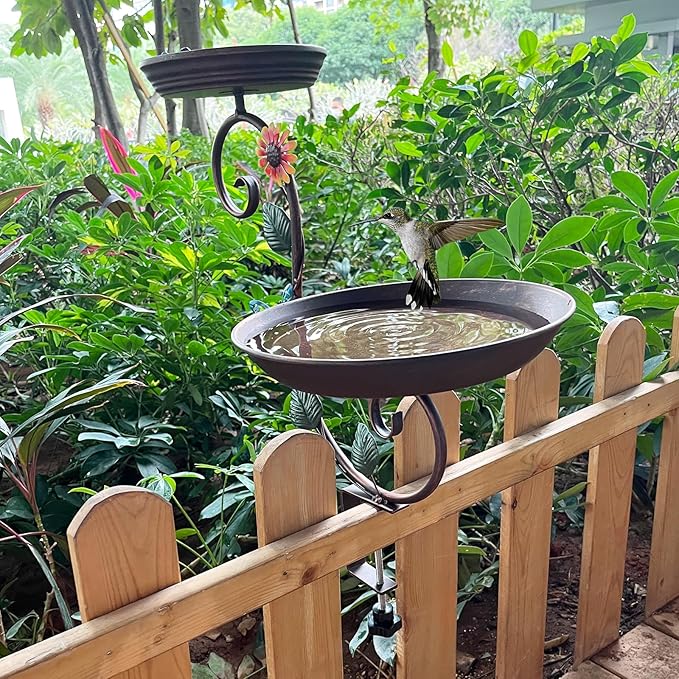 Deck Bird Bath, Metal Birdbath and Feeder for Balcony Railing, Decorative Deck Mounted Bird Baths, Outdoor Birdbath Feeders with Adjustable Heavy Duty Clamp for Patio Porch Garden