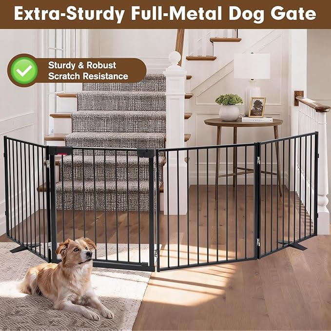 104" Extra Wide Dog Gate, Heavy Duty Metal Freestanding Dog Gate with Door for Indoor & Outdoor, Foldable Pet Fence for Doorways,House,Porch,Deck,Yard,Stairs, Auto Close(4 Panels,Black)