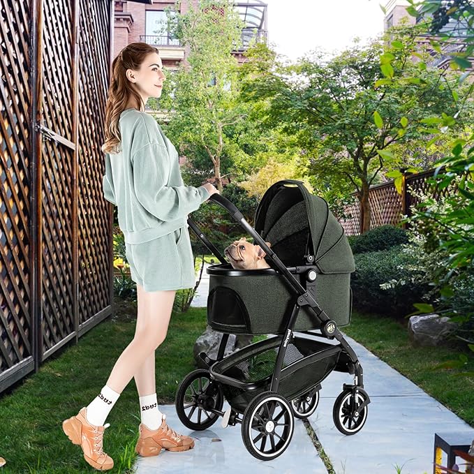 Kenyone Pet Stroller 3 in 1 Dog Cart for Medium Small Size Dogs, Large Cat Stroller with Detachable Carrier for Puppies, Doggies, Kitties, Bunnies (Olive)