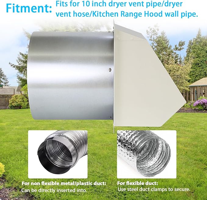 10" Hooded Wall Vent with Screen and Damper,Outdoor Wall Mount Exhaust Vent Cover Cap Dry Vent Hood Air Ventilation for Kitchen Range Hood HVAC Duct House and Industrial Facilities, White