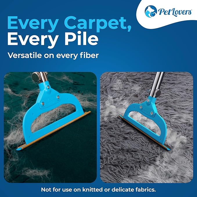 PetLovers EzLint Mega 52" Carpet Rake & Pet Hair Removal Tool – Dog & Cat Hair Remover Broom with Adjustable Handle & Extra Wide Head for Carpets, Rugs & Stairs Ocean Blue