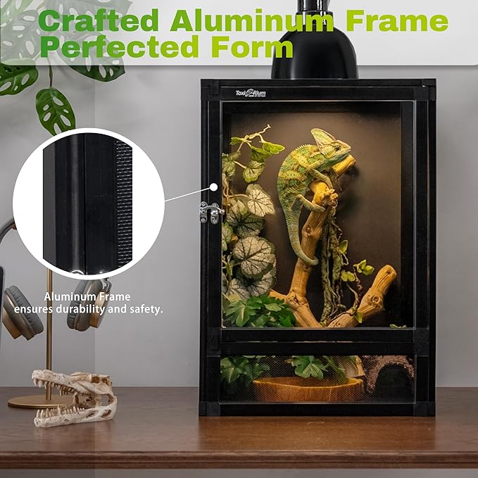 12"x12"x18" Reptile Terrarium, Hybrid Cage PVC Habitat Enclosure with Screen & Acrylic Doors, Ventilated Tank for Gecko,Chameleon, Snake, Frog, Easy Assembly, Front Dual Access
