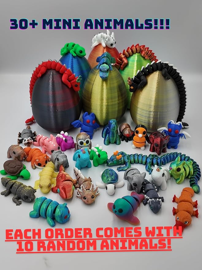 10 Pack Mystery Mini Animal Packs - 3D Printed Articulating Figurines - Unique and Fun Designs Includes Mystery Egg - Stress Relief (10 Pack)