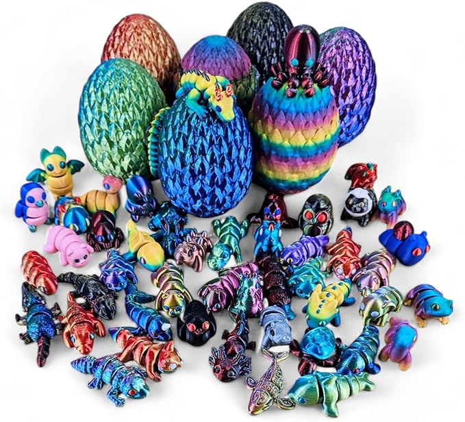 10 Pack Mystery Mini Animal Packs - 3D Printed Animals Articulating Figurines - Unique and Fun Designs Includes Mystery Egg - Stress Relief (Mystery Gemstone 10)