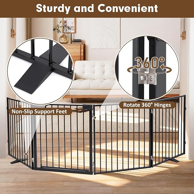 104" Extra Wide Dog Gate, Heavy Duty Metal Freestanding Dog Gate with Door for Indoor & Outdoor, Foldable Pet Fence for Doorways,House,Porch,Deck,Yard,Stairs, Auto Close(4 Panels,Black)