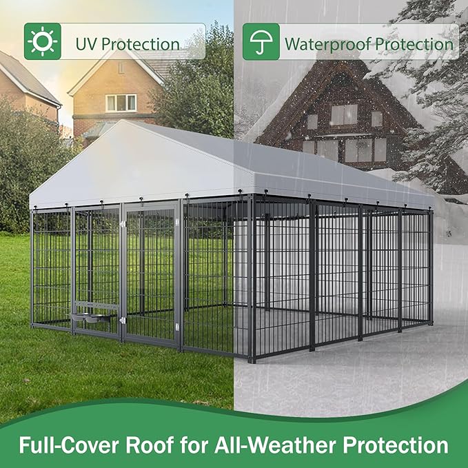 10x10ft Large Dog Kennel Outdoor with Roof, Covered Heavy Duty Dog Pen with Feeding Door, Steel Enclosure Fence with Dual Safety Locks, XL Outside Dog Cage for Large Dogs