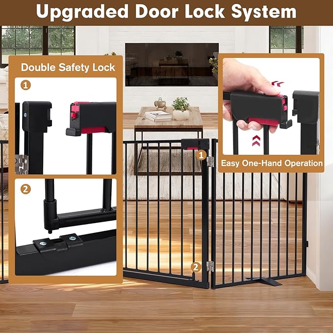 104" Extra Wide Dog Gate, Heavy Duty Metal Freestanding Dog Gate with Door for Indoor & Outdoor, Foldable Pet Fence for Doorways,House,Porch,Deck,Yard,Stairs, Auto Close(4 Panels,Black)