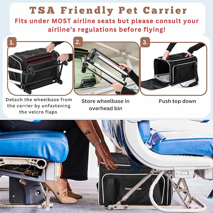 Airline Approved Top-Expanding Pet Carrier on Wheels- Extra Spacious Soft Lined Carrier! 18x11x11 (Black, Expanding Sides)