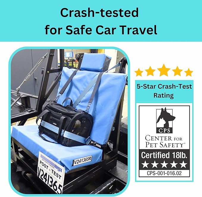 Crash-Tested Cat Carrier Soft (Test with FMVSS 213b - 5 Star Safety Rated by CPS) | TSA Airline Approved, Expandable, Zipper Locks, Fan Pocket | Best Dog Car Carrier for Safe Travel (Pet Up to 9lbs)