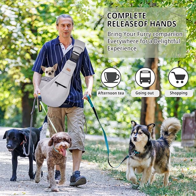 CUBY Dog and Cat Sling Carrier - Hands Free Breathable Mesh Small Dog Sling Carrier-Soft Pouch and Tote Design-Suitable for Puppy, Small Dog Cat Pets Carriers Sling Outdoor(Grey-Mesh,Adjust Strap 2.0)