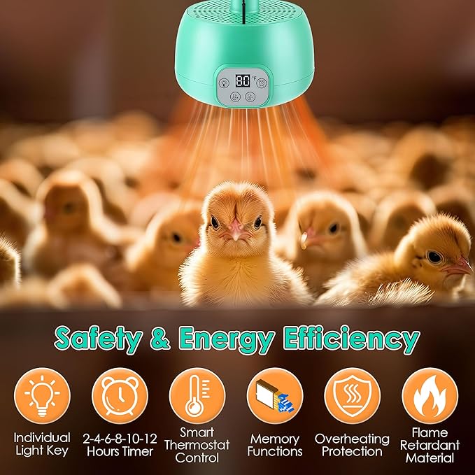 1 Pack Chicken Coop Heater, Timing Chicken Heat Lamp, Smart Temperature Control Chick Brooder Heater, 5 ft Ultra Long Cable Reptile Heating Lamp for Poultry Chick Reptile Pet Dog Cats