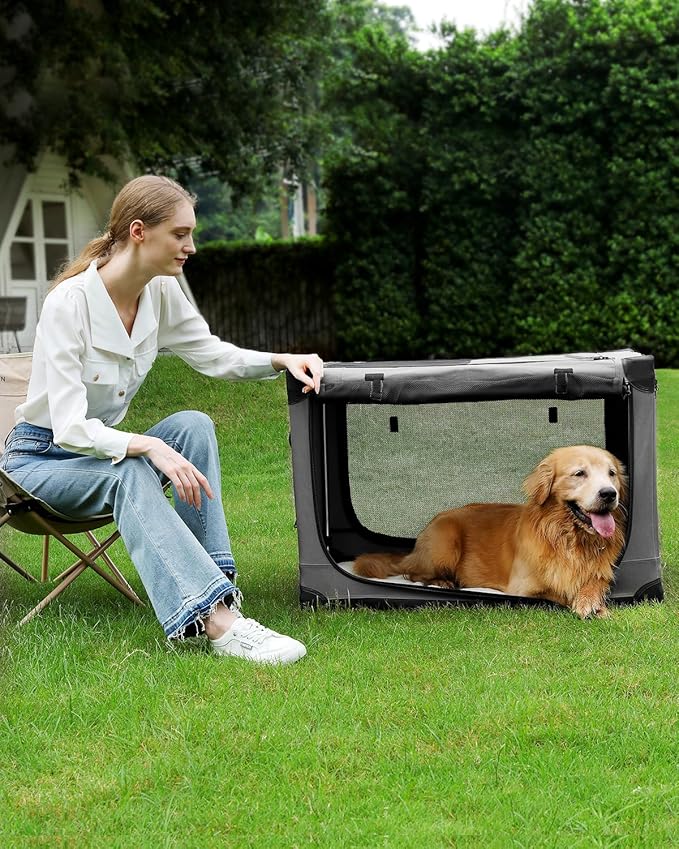 36 Inch Collapsible Travel Dog Crate for Medium Large Dogs, Portable Dog Crate 4-Door Foldable Soft Kennel with Durable Mesh Windows for Indoor & Outdoor Travel, with Storage Bag,Grey